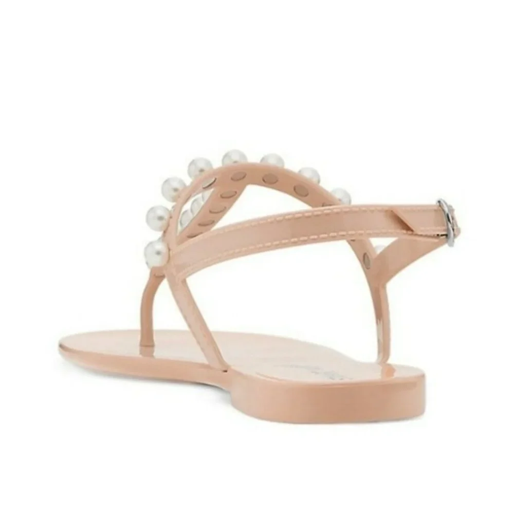 Stuart Weitzman Goldie Basic Embellished Jelly Thong Sandal Beige 5 - Picture 3 of 7